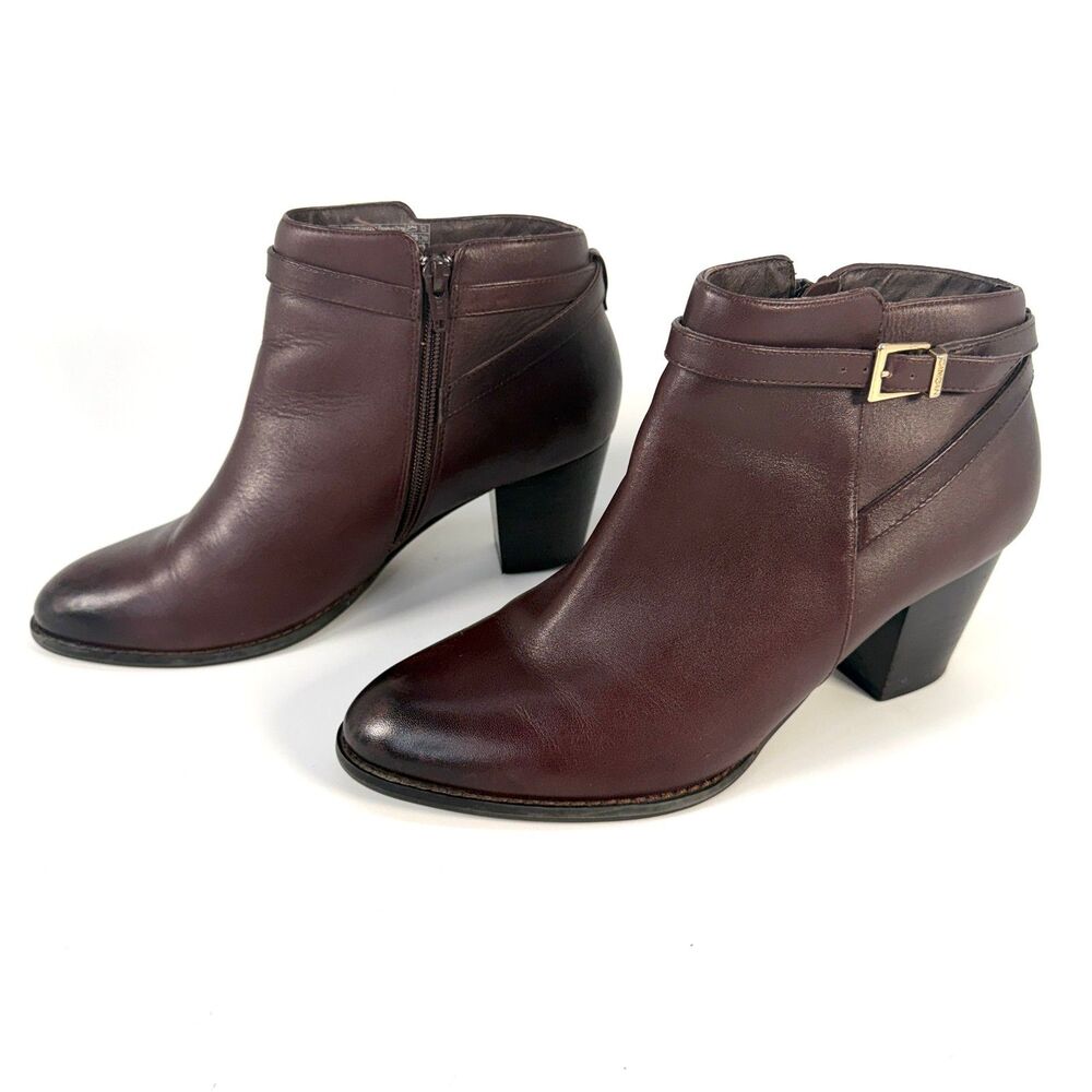 Vionic Upton Burgundy Leather Ankle Boots Booties Buckle Strap Womens US 10